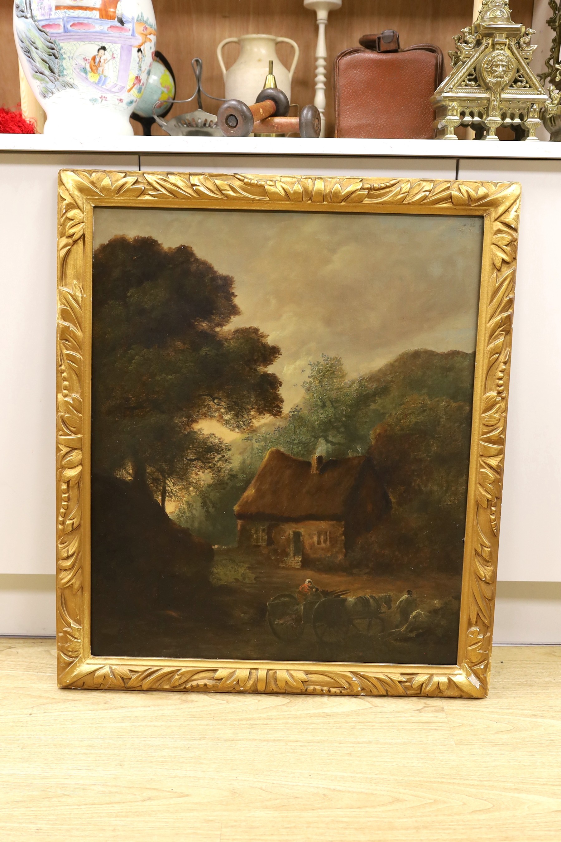 19th century English School, oil on canvas, Cottage and horse cart in a landscape, 74 x 61cm